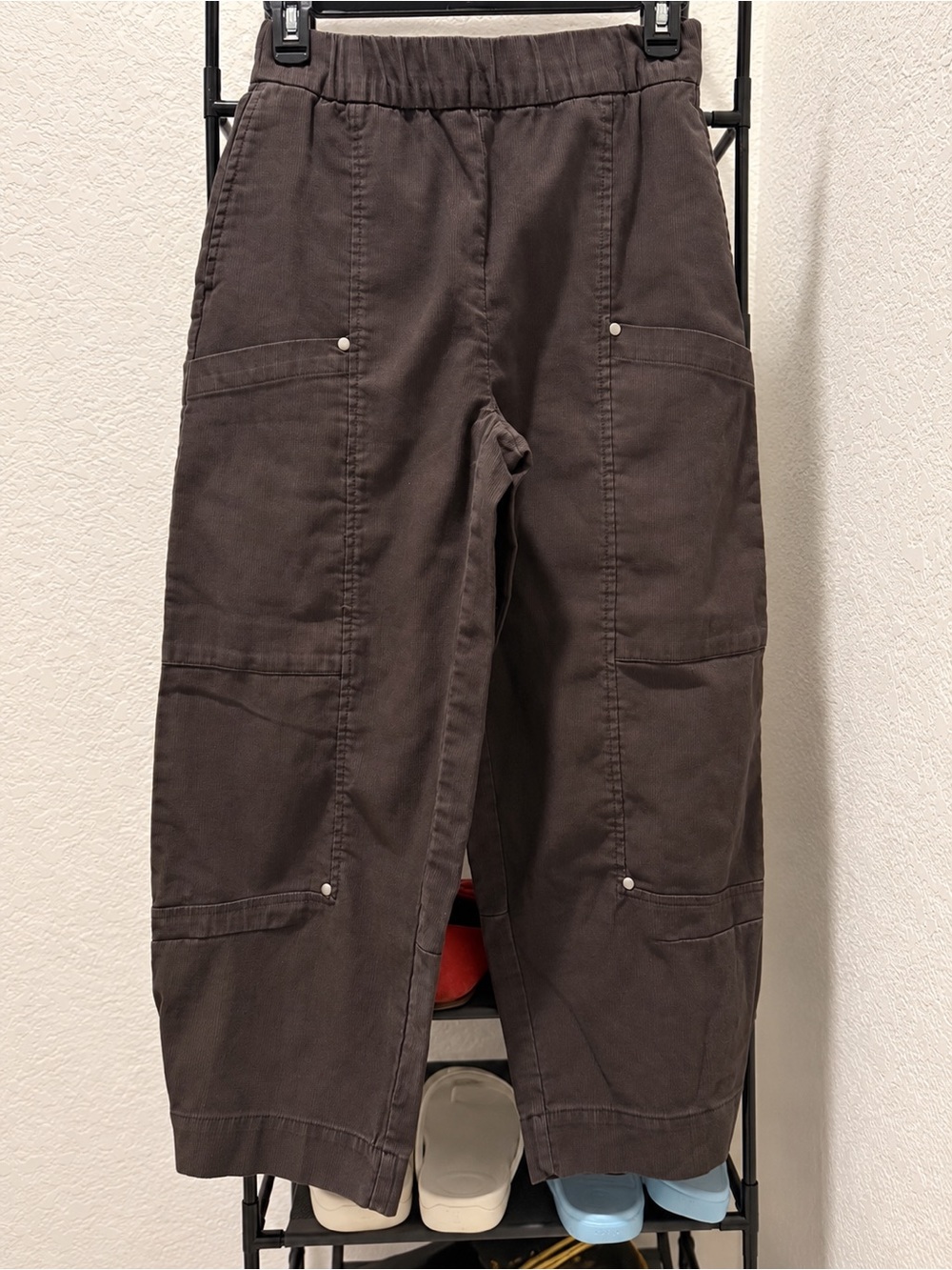 Banana Republic Wide-Leg Textured Twill Pull-On Pants in Molasses Brown.